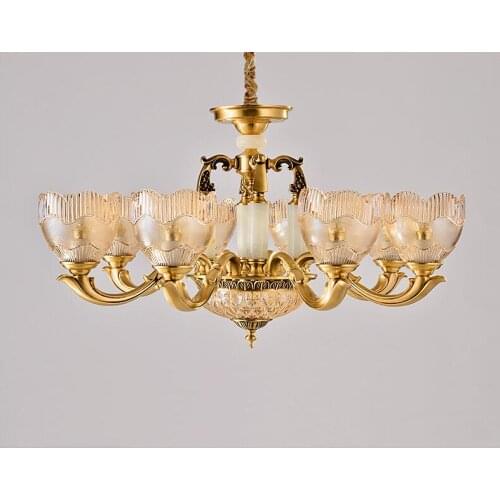 European style carved copper jade crystal chandelier for living room luxury villa dining bedroom lamp