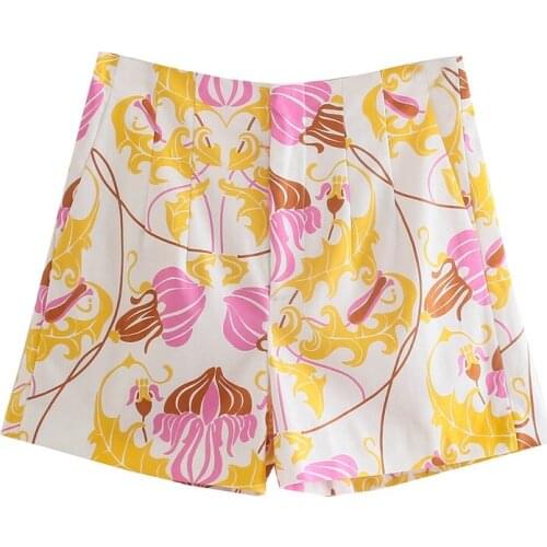 ZXQJ Women 2021 Chic Fashion With Darts Printed Bermuda Shorts Vintage High Elastic Waist Side Pockets Female Short Pants
