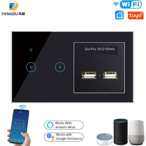 Tuya Smart Life APP Control LED Wall Light Switch 2200W 90-240V Touch Smart Home Switch 2 USB Port Alexa Google Assistant