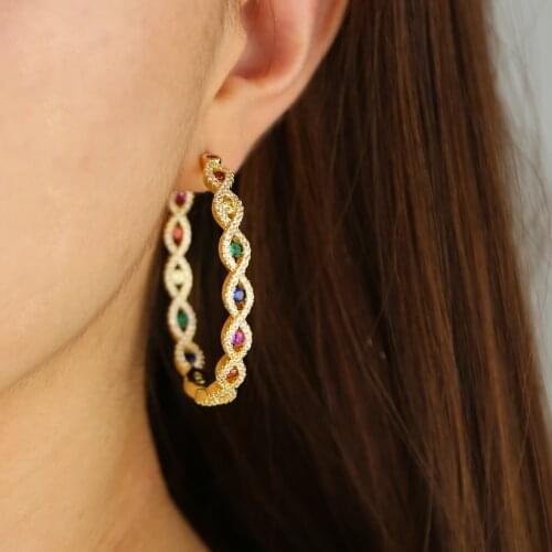 High quality micro pave blue rainbow cz turkish evil eye hoop earring 45mm big hoops earrings for women