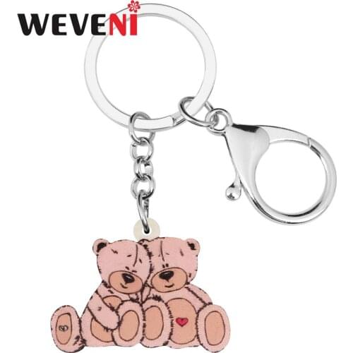 WEVENI Acrylic Valentines Day Double Lover Bear Key Chains Animal Key Rings For Women Girl Teen Bag Car Decorations Charms Gift