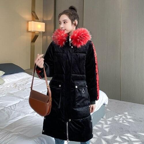 Womens Winter Jacket X-long With Sequins Hooded Striped Woman Parkas Plus Size Black Hooded Thick Fur Collar Casual Coat Female