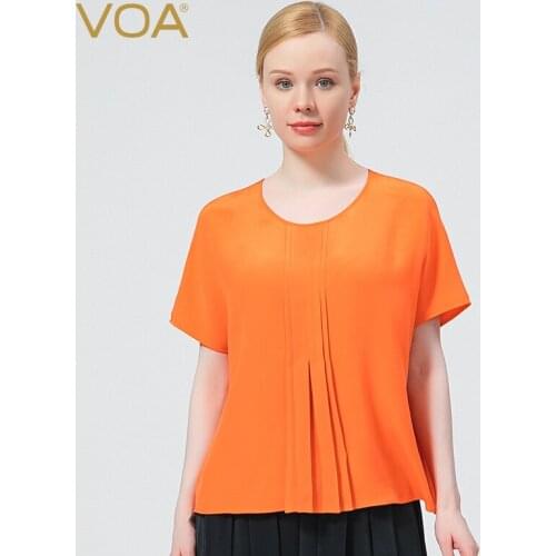 VOA Silk Orange Round Neck Horn Short Sleeve Woman Tshirts Fold Old Design Three-dimensional Decoration T-shirt Female BE707