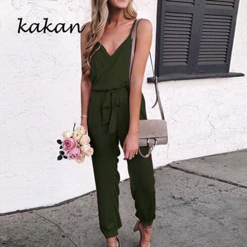 Kakan womens solid color sling jumpsuit loose type belt jumpsuit white gray black pink army green jumpsuit