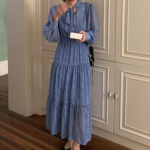 2021 New Sprin Bow Tie Print Women Dress One-Piece Korean Dots Elegant Chic Female Dress Blue Chiffon Long Sleeve Dress Vestido