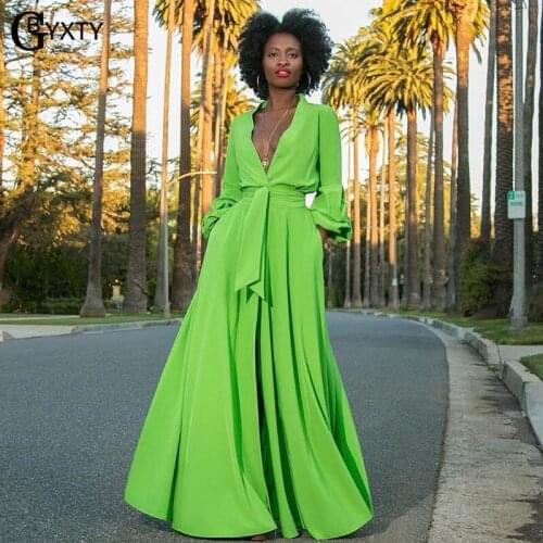 GBYXTY Sexy Deep V-neck High Split Long Dresses 2021 Womens Summer Beach Long Sleeve Belt Bandage Maix Dress vestido ZL1188