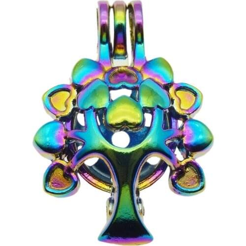 10pcs Rainbow Color Zinc Alloy Pearl Cage Pendants Life tree Aromatherapy Essential Oil Diffuser Jewelry Necklace DIY Jewelry