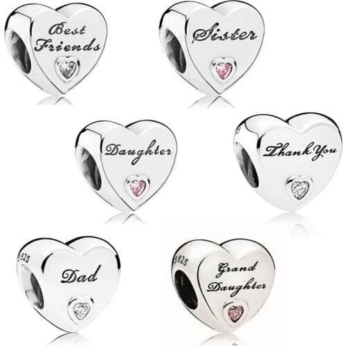 6 Design Paved Stone Heart Beads for Charms Bracelets Women Silver 925 Jewelry Dad Daughter Sister Best Friends Signature Beads