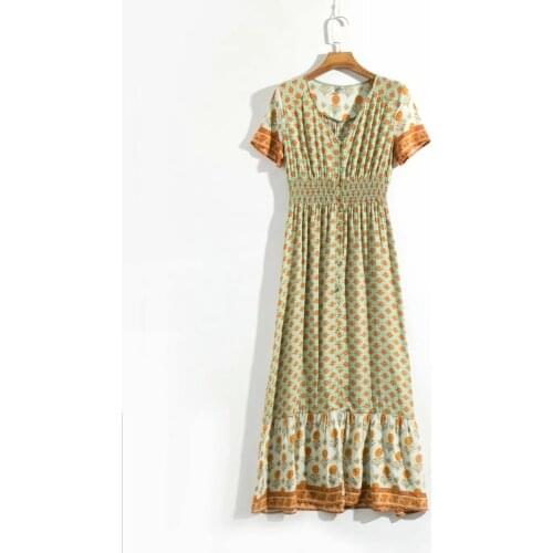 Bohemian women cotton dress 2020 summer short sleeve aline elegant dresses femme sling button holiday print dress rode vestido