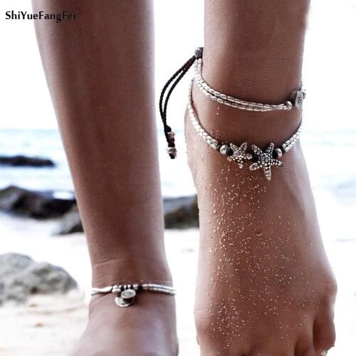 2018 New Fashion Retro Bohemia Round Rune Starfish Anklet Beach Feet Jewelry Simple Pull Beads Bobo Anklet Bracelet For Women