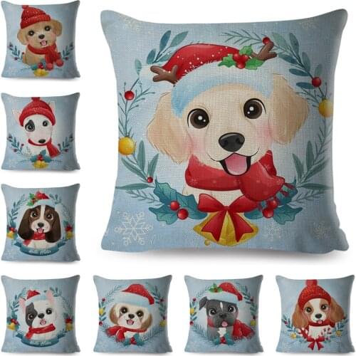 Cute Dog Pillowcase Decor Merry Christmas Pet Animal Print Cushion Cover Polyester Pillow Case for Home Sofa Children Room