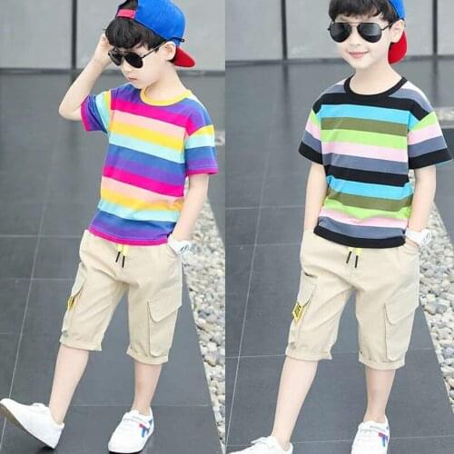 Kids Clothes Boys Sets 2021 New Kids Summer Short Sleeve Casual Active Suits Striped Pullover Tops T-shirt and Pants 2 Pieces