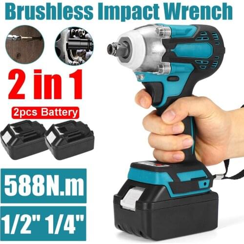2 in 1 18V 800N.m Li-Ion Brushless Cordless Electric 1/2"Wrench 1/4"Screwdriver Drill With 15000Amh Li Battery +LED light