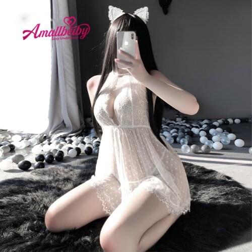 Erotic Lingerie for Women Sex Transparent Mesh Lace Wave Point Underwear Halter Backless Split Lenceria Erotica Mujer Sexi