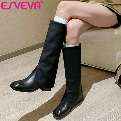 ESVEVA 2022 Genuine Leather Western Style Fashion Med Heel Knee High Boots Women Shoes Size 34-39