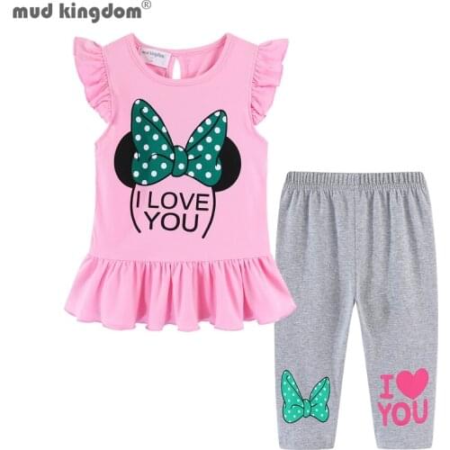 Mudkingdom Girls Outfit Ruffle Sleeve Top and Capri Legging Clothing Set for Girl Suit Print Bow Toddler Kids Summer Clothes