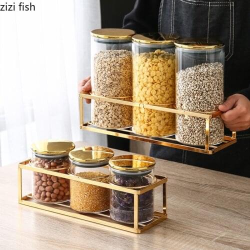 Kitchen Glass Sealed Jar with Golden Plastic Cover Metal Base Food Storage Box Transparent Candy Jar Storage Tank 3-piece Set