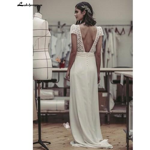 Summer Wedding Dresses 2021 Cute Open Back Puff Sleeve Plunging Bridal Gown With Lace And Satin Wedding Party gowns