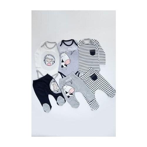 Mika Baby Baby Boy White Lamb Cow Pattern 6 Pieces 3 Sets Snap Set
