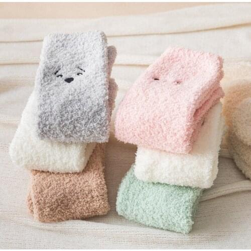 Winte Cute solid color womens Socks Thick coral velvet cartoon puppy embroidery Girl socks Home sleep socks New Christmas gift