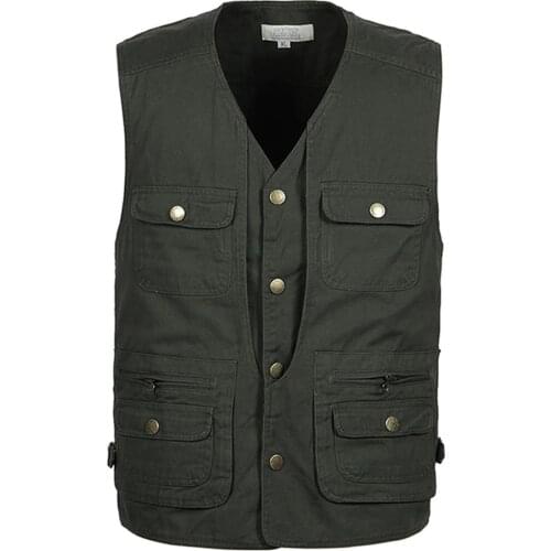 2019 Solid Big Size 100% Cotton Fabric V-neck Multi Pockets Vest Mens Casual Photography Single-breasted Loose Sleeveless Jacket
