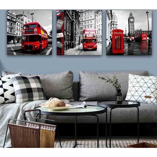 GOODECOR Red Bus Wall Art Canvas Prints London Landscape Painting Wall Picture for Living room Black White Art Canvas