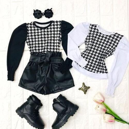 New 1-6Y Fashion Children Kid Girls Autumn Clothing Sets Plaid Long Sleeve Pullover Tops+Black PU Leather Shorts Outfits