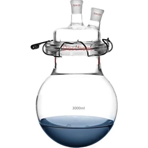 3000ml 24/29 Two Neck Glass Reaction Reactor 2-Neck 3L Round Bottom Reaction Kettle W/Lid & Clamp