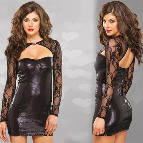 Long Sleeve Mesh Patchwork Lace Dress Black Wet Look Faux Leather Cut out Sexy Cocktail Party Bodycon Bandage Dress Vestido