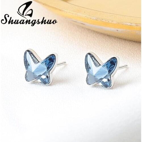Shuangshuo Trendy Elegant Crystal Butterfly Stud Earrings Silver Color Piercing Earring Wedding Jewelry for Women Party Gift