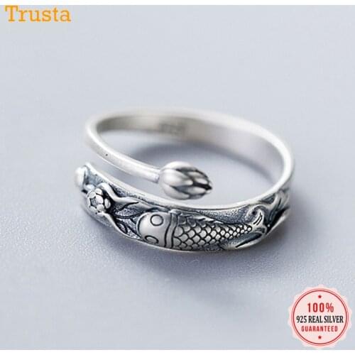 Trustdavis 925 Sterling Silver Retro Vintage Fish Open Ring Ethnic Carp Cyprinoid Swimming Under Lotus Flower Jewelry DA448