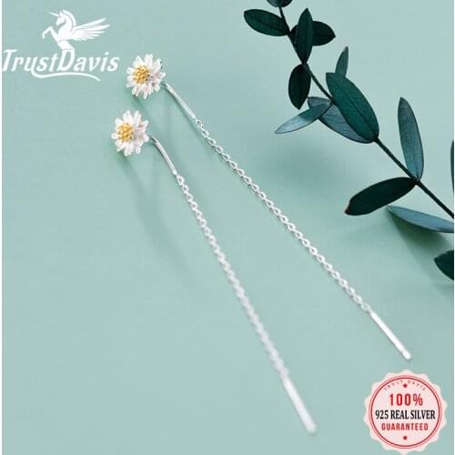 TrustDavis Real 925 Sterling Silver Sweet Daisy Flower Earrings For Women Fashion Korean Long Ear Line Chic Party Jewelry DA2430