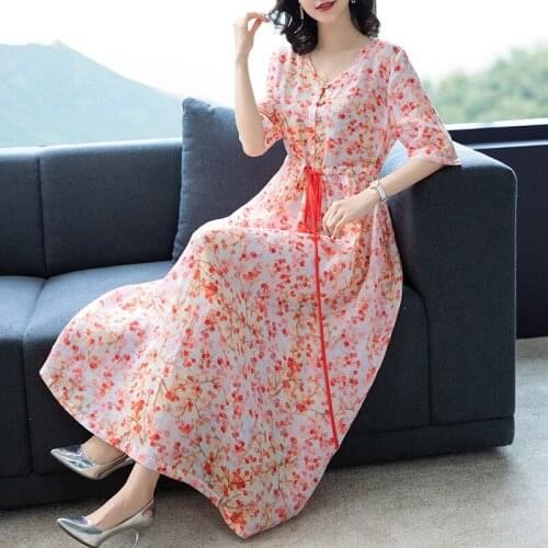 2021 Spring Summer Elegant Red Floarl Cotton Linen Midi Dress Women Bodycon Party Vestidos Vintage Casual 3XL Plus Size Dresses