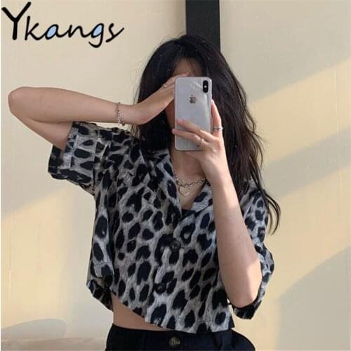 Leopard Print Goblincore Aesthetic Harajuku Korean Clothing Summer Fashion Women Blouses New Kawaii Y2k Short Sleeve Tops Female