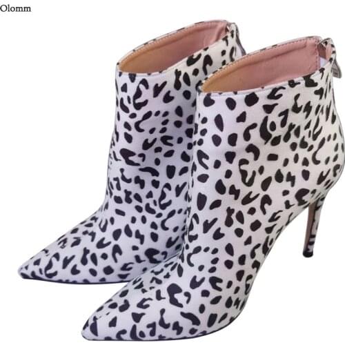 Olomm New Arrival Handmade Women Winter Cow Pattern Ankle Boots Stiletto Heels Pointed Toe Black Party Shoes Women US Size 5-15