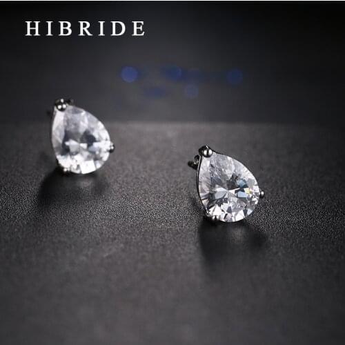 HIBRIDE New Water Drop Clear Cubic Zirconia Stud Earring Elegant Rhodium Plated Women Earrings E-86