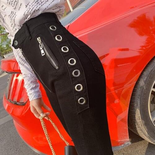Spring autumn 2021 New Women High-Waisted Skinny Jeans Pencil Denim Pants Black Zipper metal ring slim long pants KZ324