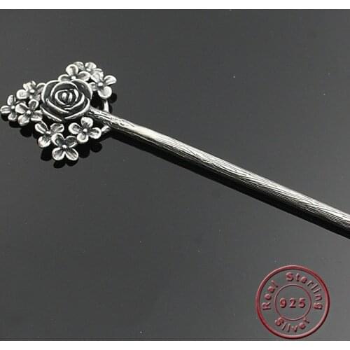Amxiu Vintage Antique Silver Hair Sticks 925 Sterling Silver Jewelry Retro Rose Flower Hairpins Women Lady Long Hair Accessories