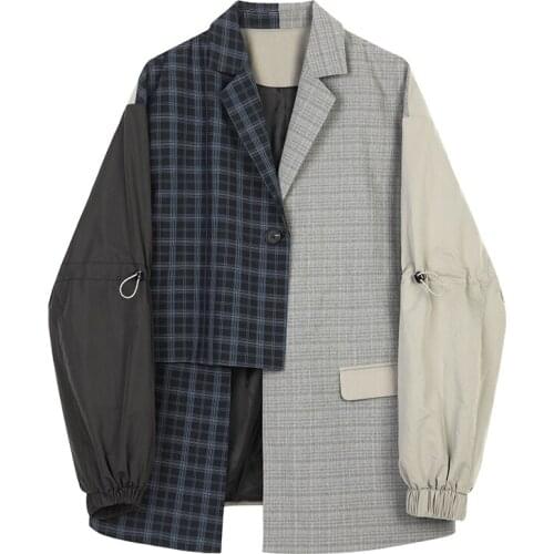 Korean Women Blue Plaid Asymmetrical Big Size Blazer New Lapel Long Sleeve Loose Suit Jacket Casual Fashion Spring Autumn 2021