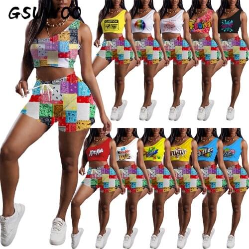GSUWOO Womens Printed One Shoulder Tank Top Shorts Set Pattern Cropped Top Drawstring Shorts Two Pieces Outfits Tracksuit
