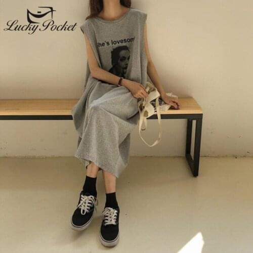 2020 Women Summer Letter Print Plus Size Gray Long Dress Female O-Neck Cotton Sleeveless Vestidos Ladies Fashion Dresses ZM28