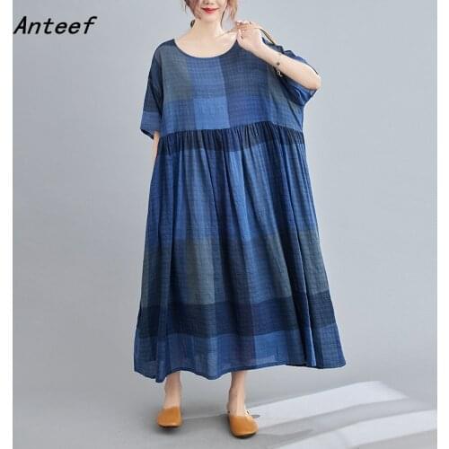 Short sleeve plus size cotton vintage plaid dresses for women casual loose long summer sun dress elegant clothes 2021 sundress