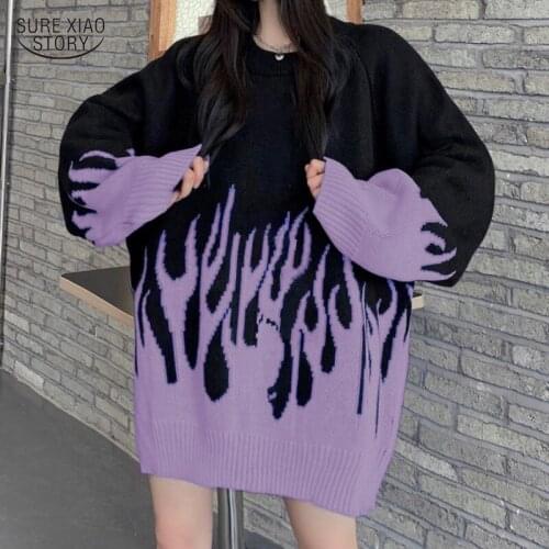 Winter Loose Oversize Sweater Sweet O-neck Knitted Pullover Streetwear Sweater Autumn Patchwork Jumper Long Sleeve Sweater 17158