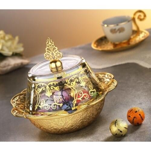 Gold Silver Colour Ottoman Style Delight Bowl with Glass Lid Plated Authentic Snack Serving Bowl Plated Silver Serving Tray