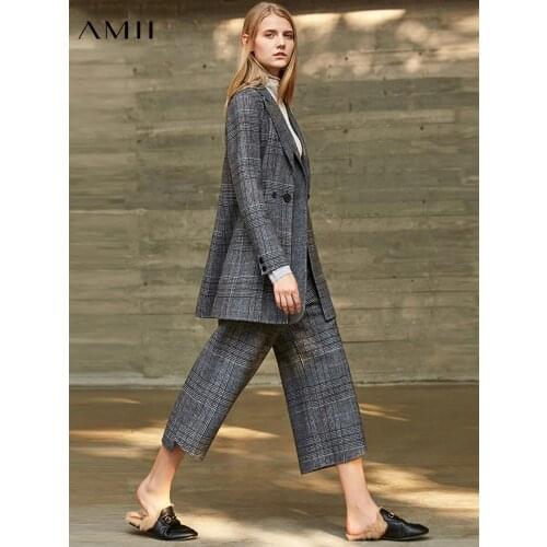 Amii Minimalism Womens Suit Pants Fashion Plaid Loose Wide Leg Pants Office Lady Calf Length Pants Female Bottoms 11820113