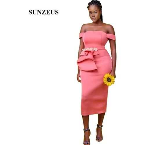 Watermelon Color Tea Length Bridesmaid Dresses Off Shoulder Sheath African Women Wedding Party Gowns