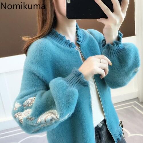 Nomikuma Faux Mink Cashmere Cardigan Sweater Women 2020 Autumn Winter Knitted Coat Floral Embroidery Long Sleeve Cardigan 6B929