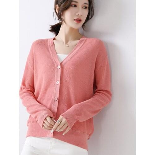 Lightweight linen V-neck cardigan 2021 spring summer new sweater womens T-shirt cool coat versatile solid color top