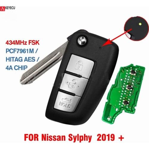 KEYECU For Nissan Qashqai 2019 2020 Flip Remote Key Car Key Yellow Led 2 Button PCF7961M / HITAG AES / 4A CHIP 433.92MHz FSK