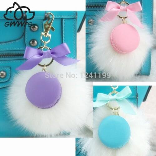 Fur Pompom Women Cake Key Chain Fashion Cute French pastries Keychain Bag Charm Car Key Ring Party gift Jewelry